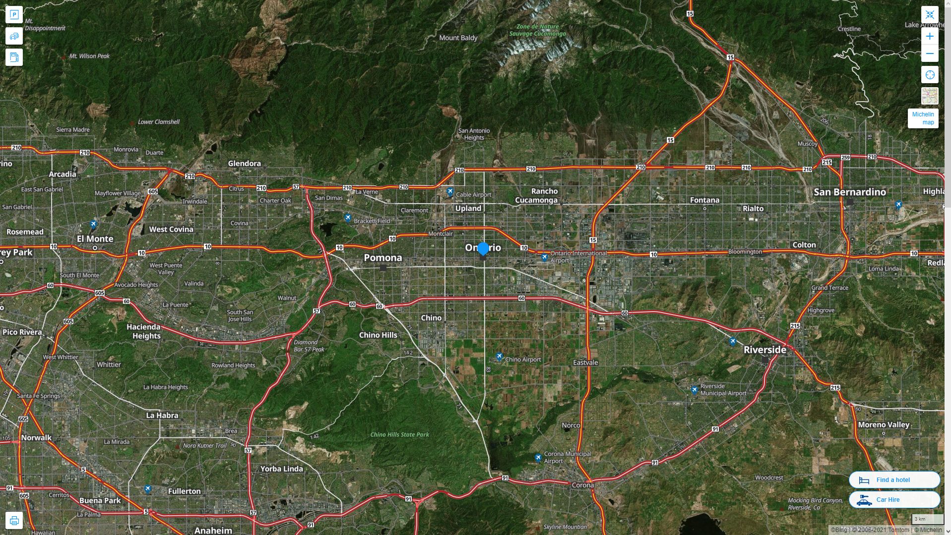 Ontario California Highway and Road Map with Satellite View